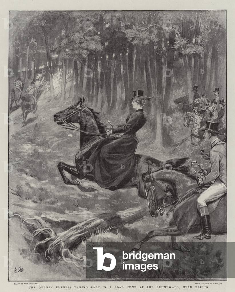 The German Empress taking Part in a Boar Hunt at the Grunewald, near Berlin (litho)