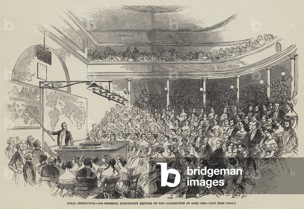 Royal Institution, Sir Roderick Murchison's Lecture on the Distribution of Gold Ore (engraving)