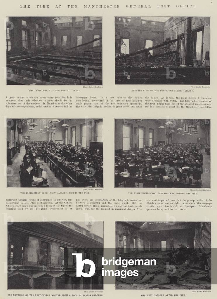The Fire at the Manchester General Post Office (b/w photo)