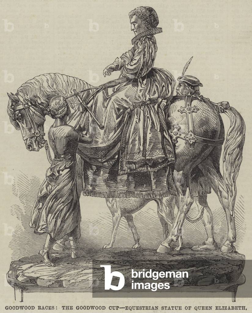 Goodwood Races, the Goodwood Cup, Equestrian Statue of Queen Elizabeth (engraving)