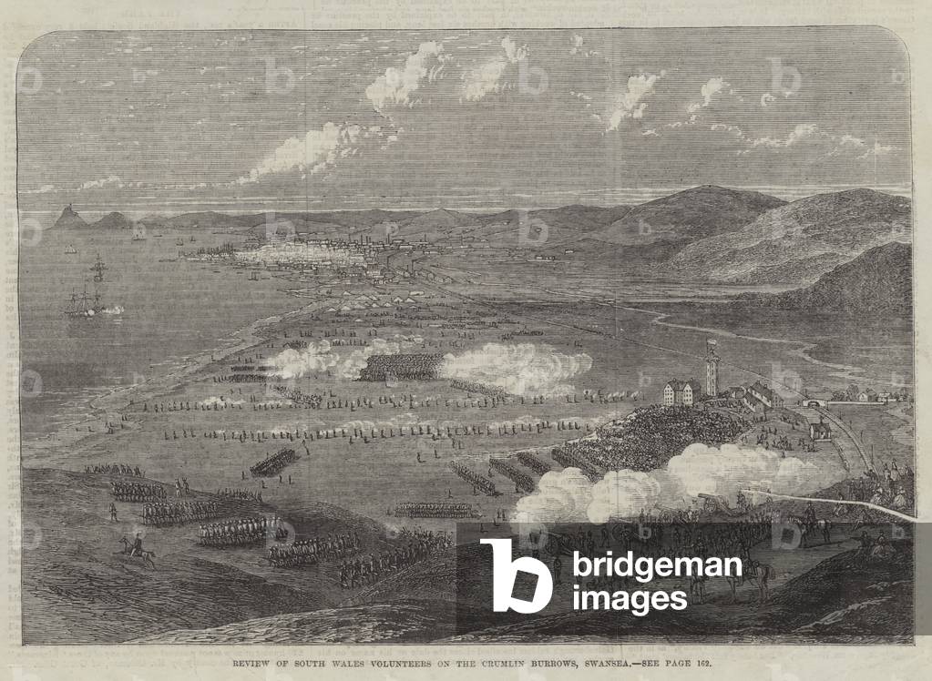 Review of South Wales Volunteers on the Crumlin Burrows, Swansea (engraving)