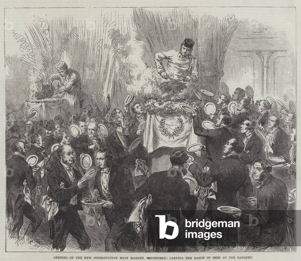 Opening of the New Metropolitan Meat Market, Smithfield, carving the Baron of Beef at the Banquet (engraving)