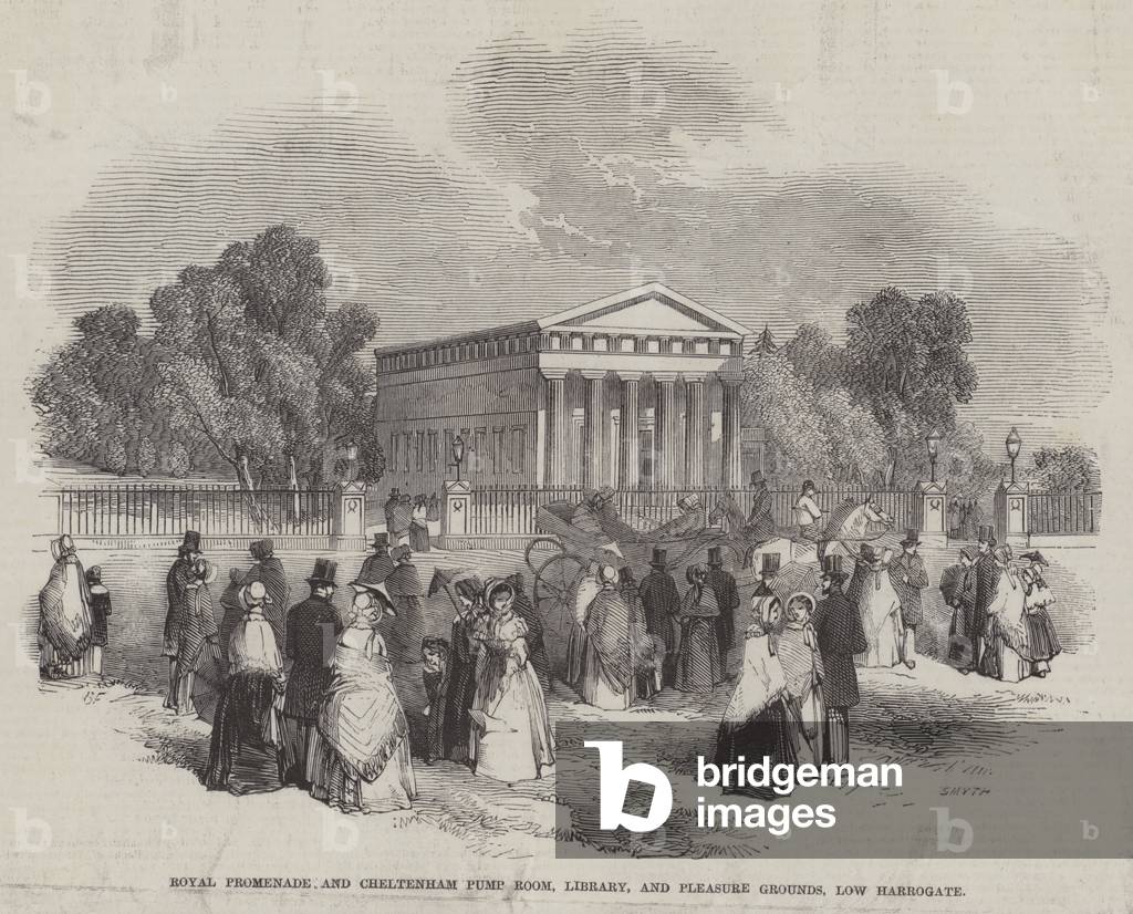 Royal Promenade and Cheltenham Pump Room, Library, and Pleasure Grounds, Low Harrogate (engraving)