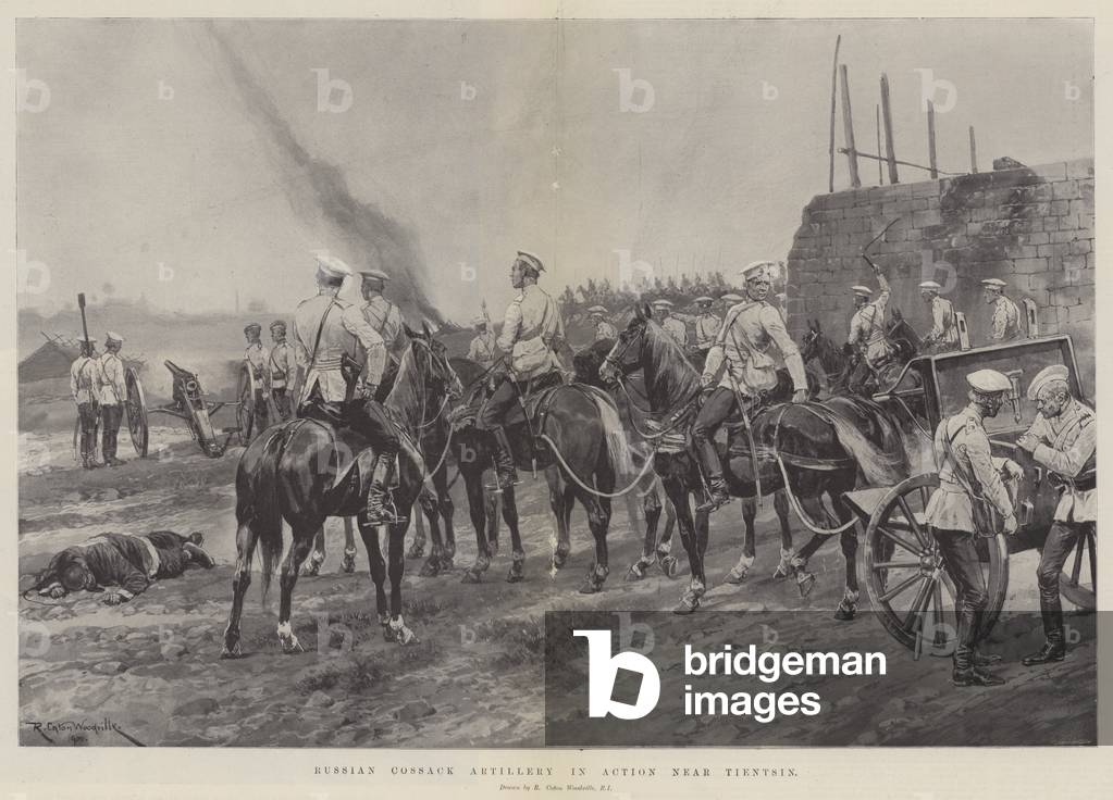 Russian Cossack Artillery in Action near Tientsin (litho)