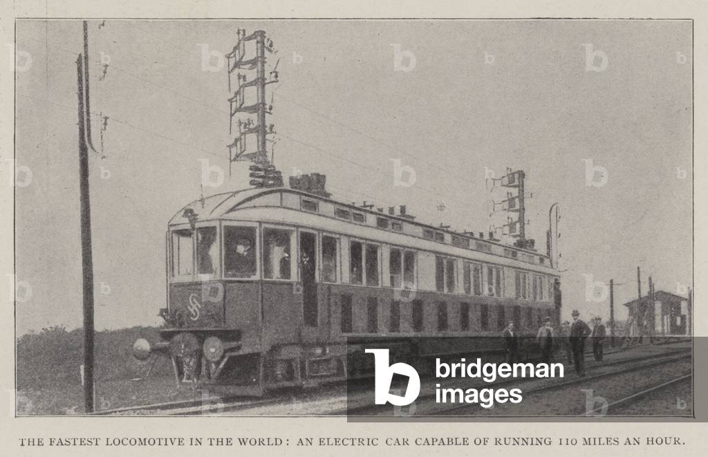 The Fastest Locomotive in the World, an Electric Car Capable of Running 110 Miles an Hour (b/w photo)