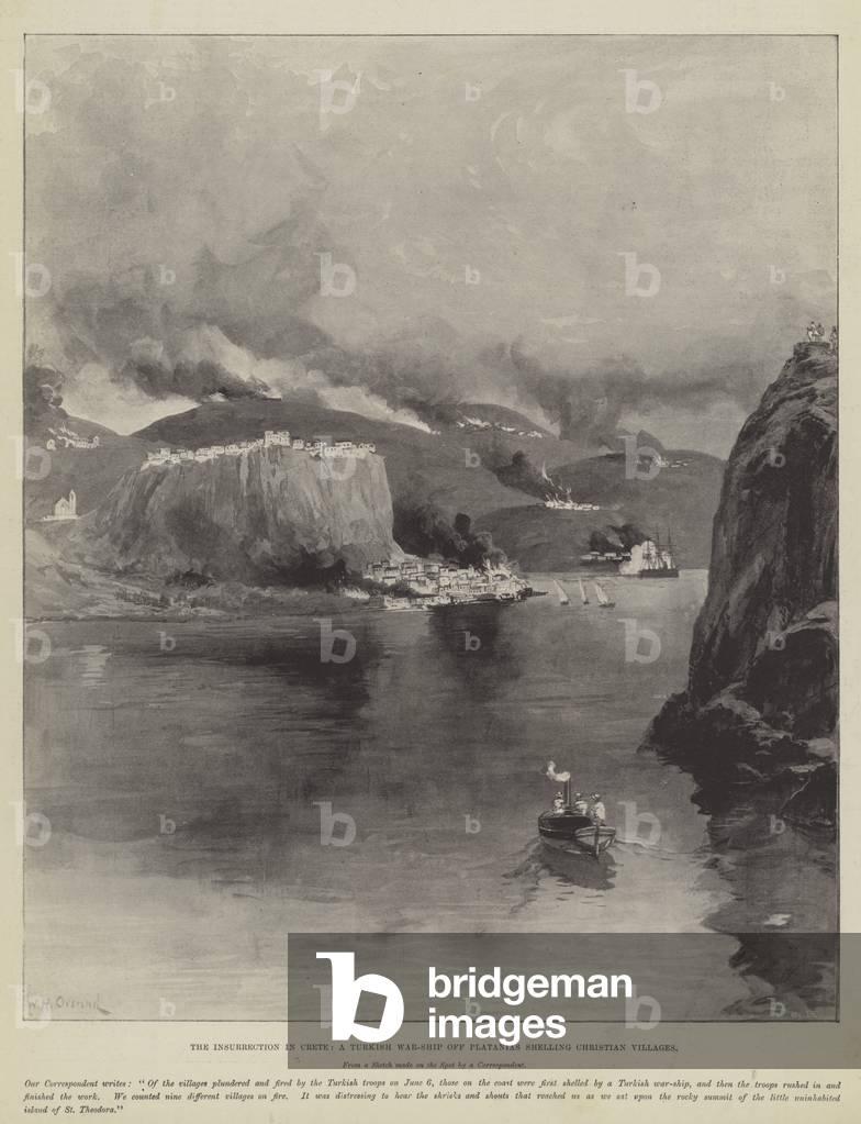 The Insurrection in Crete, a Turkish War-Ship off Platanias shelling Christian Villages (litho)