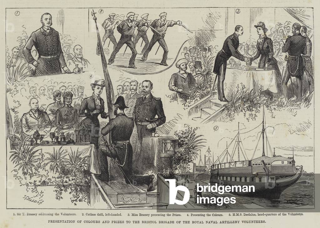 Presentation of Colours and Prizes to the Bristol Brigade of the Royal Naval Artillery Volunteers (engraving)