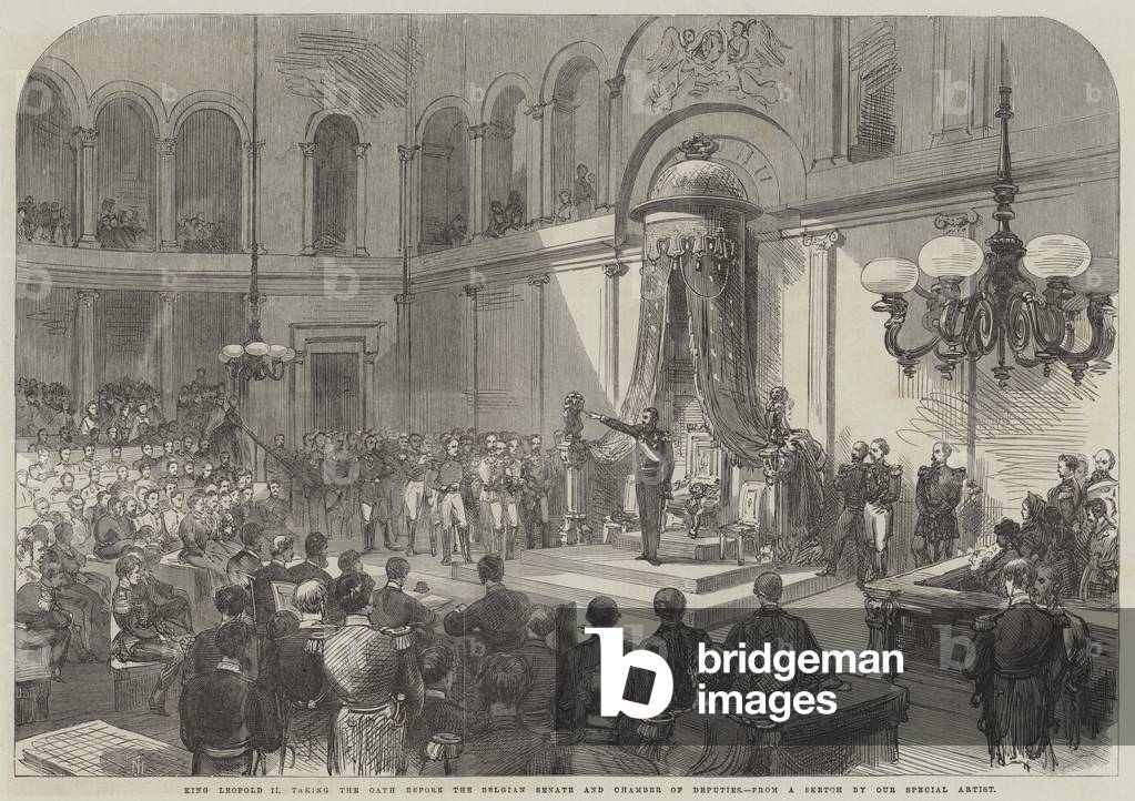King Leopold II taking the Oath before the Belgian Senate and Chamber of Deputies (engraving)