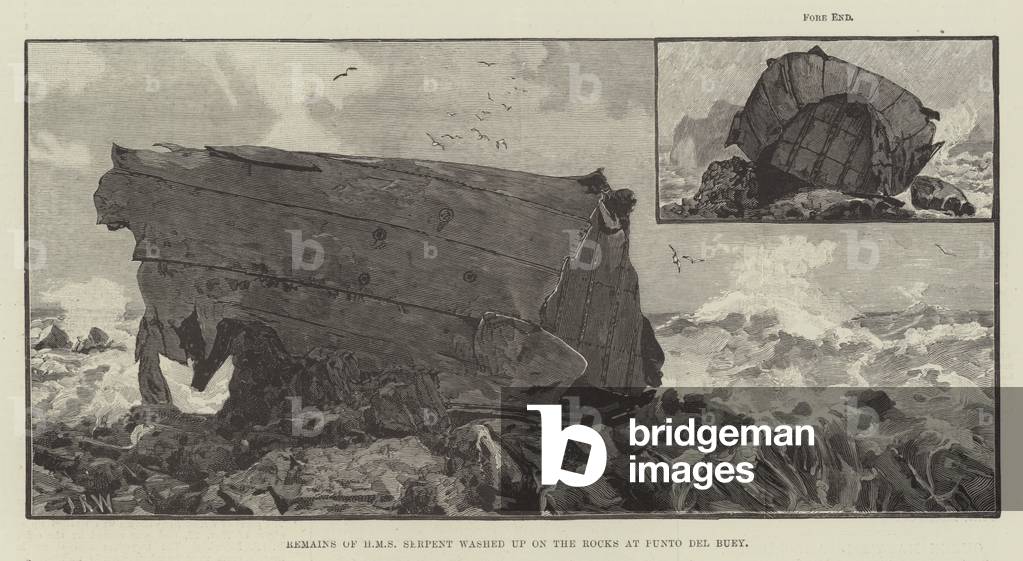 Remains of HMS Serpent washed up on the Rocks at Punto del Buey (engraving)