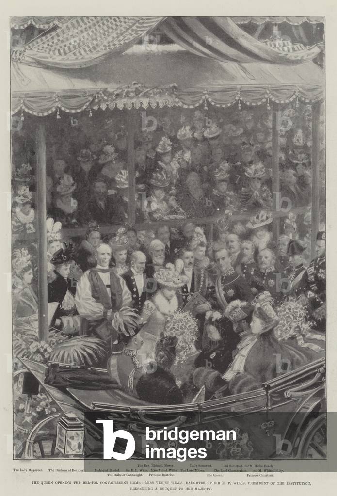 The Queen opening the Bristol Convalescent Home, Miss Violet Wills, Daughter of Sir E P Wills, President of the Institution, presenting a Bouquet to Her Majesty (engraving)