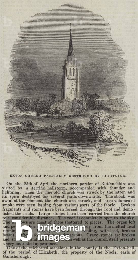 Exton Church partially destroyed by Lightning (engraving)