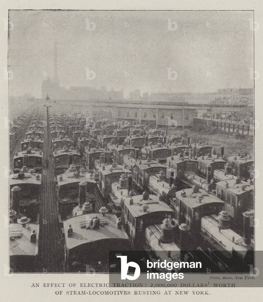 An Effect of Electric Traction, 2,000,000 Dollars' Worth of Steam-Locomotives rusting at New York (b/w photo)