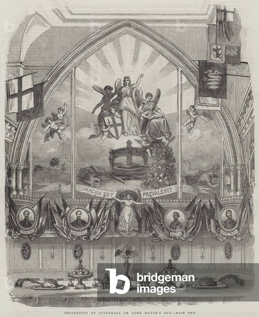 Decoration of Guildhall on Lord Mayor's Day, East End (engraving)
