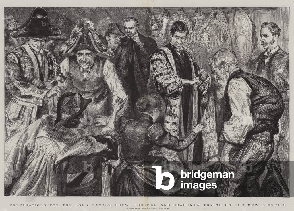 Preparations for the Lord Mayor's Show, Footmen and Coachmen trying on the New Liveries (litho)