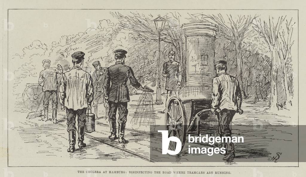 The Cholera at Hamburg, disinfecting the Road where Tramcars are running (engraving)
