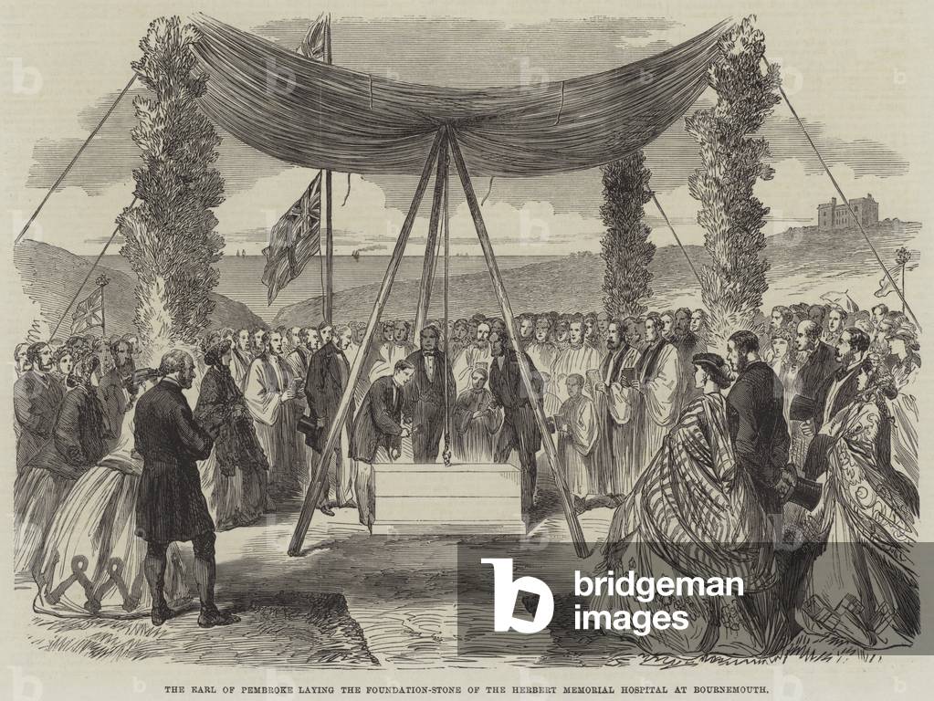 The Earl of Pembroke laying the Foundation-Stone of the Herbert Memorial Hospital at Bournemouth (engraving)