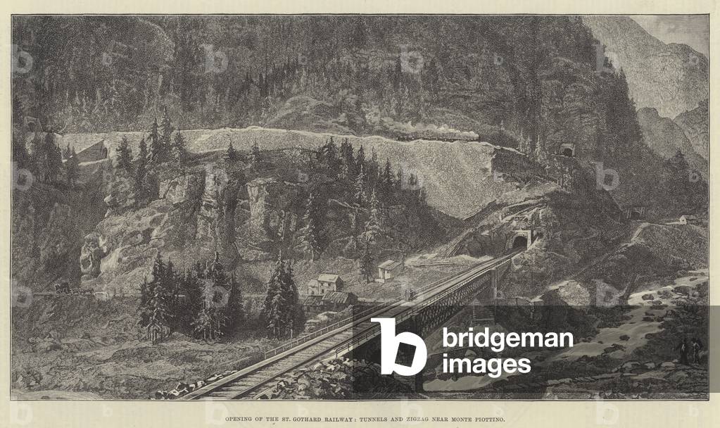 Opening of the St Gothard Railway, Tunnels and Zigzag near Monte Piottino (engraving)