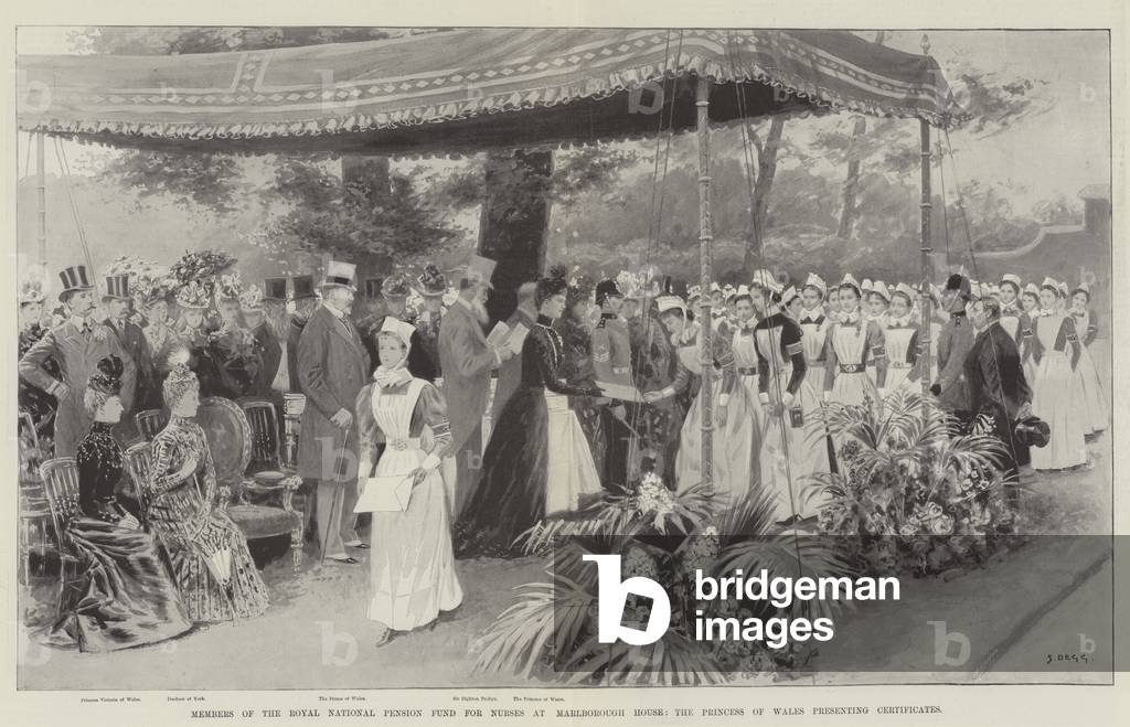 Members of the Royal National Pension Fund for Nurses at Marlborough House, the Princess of Wales presenting Certificates (litho)