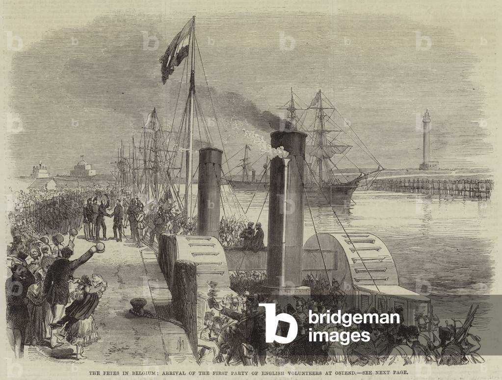 The Fetes in Belgium, Arrival of the First Party of English Volunteers at Ostend (engraving)