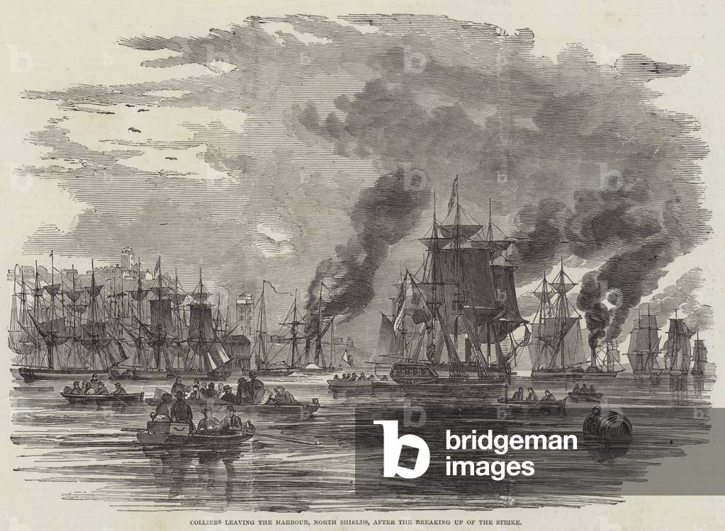 Colliers leaving the Harbour, North Shields, after the Breaking up of the Strike (engraving)