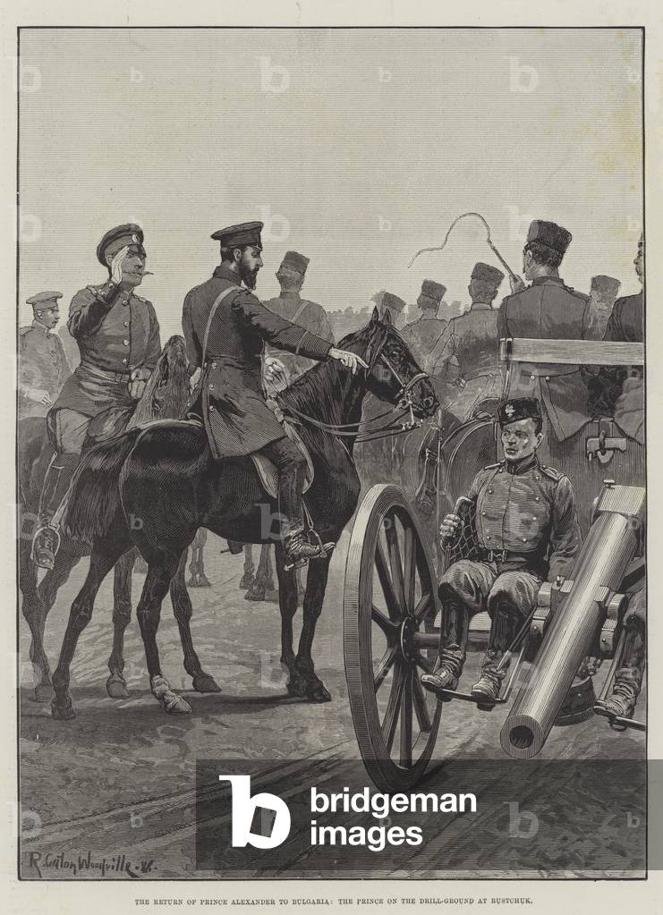 The Return of Prince Alexander to Bulgaria, the Prince on the Drill-Ground at Rustchuk (engraving)