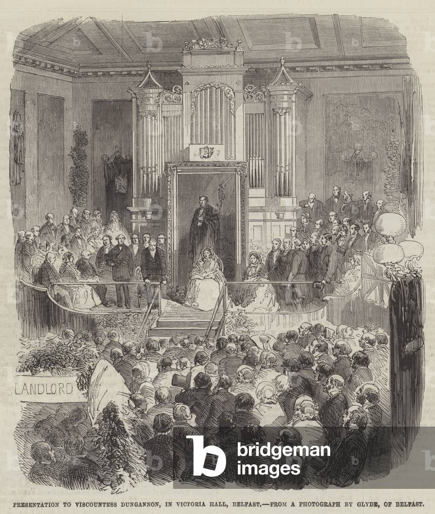 Presentation to Viscountess Dungannon, in Victoria Hall, Belfast (engraving)
