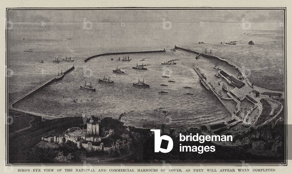 Bird's-Eye View of the National and Commercial Harbours of Dover, as they will appear when completed (litho)