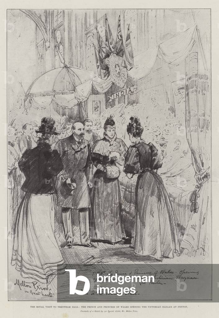 The Royal Visit to Trentham Hall, the Prince and Princess of Wales opening the Victorian Bazaar at Fenton (litho)