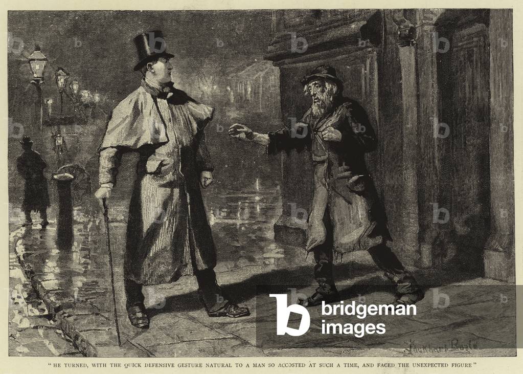 He turned, with the Quick Defensive Gesture Natural to a man so accosted at such a time, and faced the Unexpected Figure (engraving)