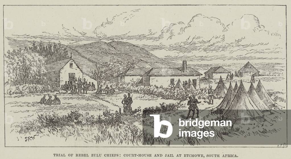 Trial of Rebel Zulu Chiefs, Court-House and Jail at Etchowe, South Africa (engraving)