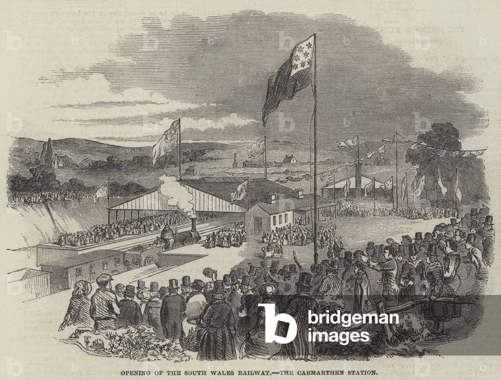Opening of the South Wales Railway, the Carmarthen Station (engraving)