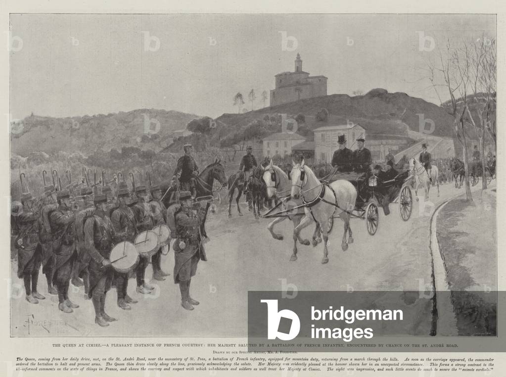 The Queen at Cimiez, a Pleasant Instance of French Courtesy, Her Majesty saluted by a Battalion of French Infantry, encountered by chance on the St Andre Road (litho)