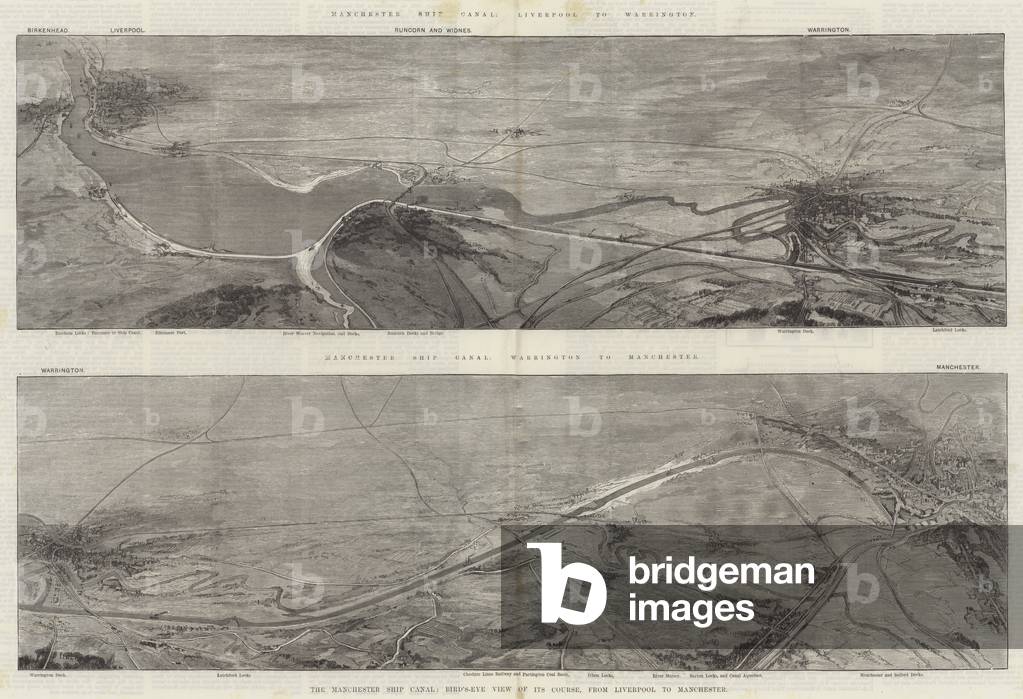 The Manchester Ship Canal, Bird's-Eye View of its Course, from Liverpool to Manchester (engraving)