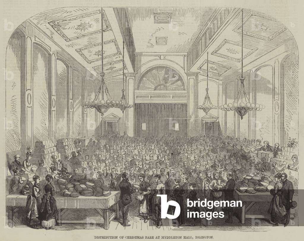 Distribution of Christmas Fare at Myddleton Hall, Islington (engraving)