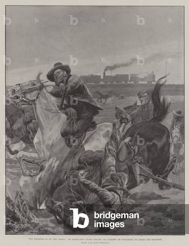 The Hemming-In of the Boers, an Armoured Train foiling an Attempt of Burghers to cross the Railway (litho)