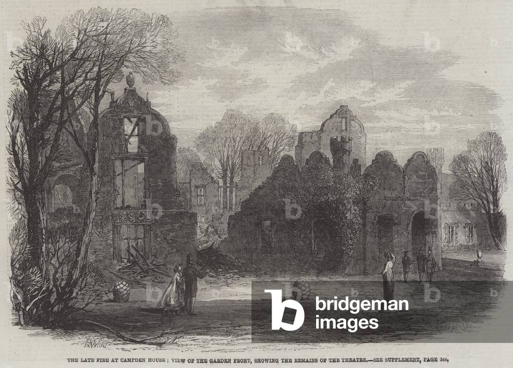 The late Fire at Campden House, View of the Garden Front, showing the Remains of the Theatre (engraving)