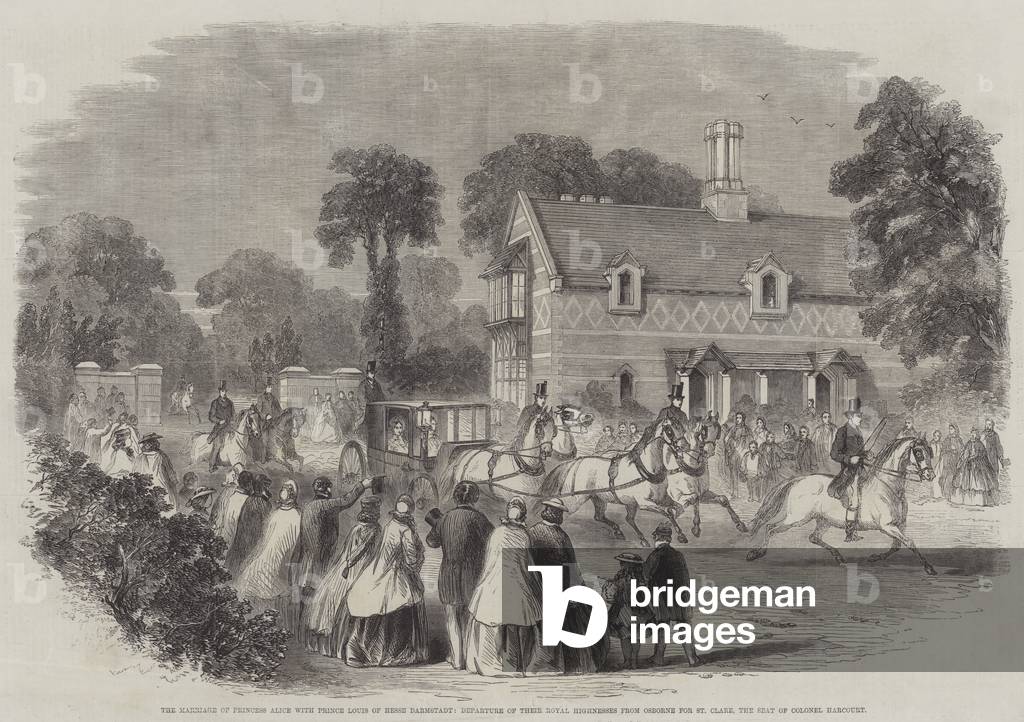 The Marriage of Princess Alice with Prince Louis of Hesse Darmstadt, Departure of Their Royal Highnesses from Osborne for St Clare, the Seat of Colonel Harcourt (engraving)