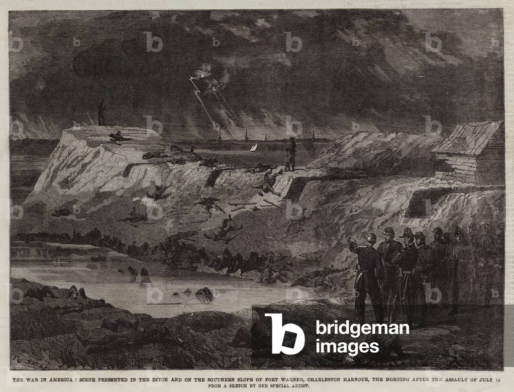 The War in America, Scene presented in the Ditch and on the Southern Slope of Fort Wagner, Charleston Harbour, the Morning after the Assault of 18 July (engraving)