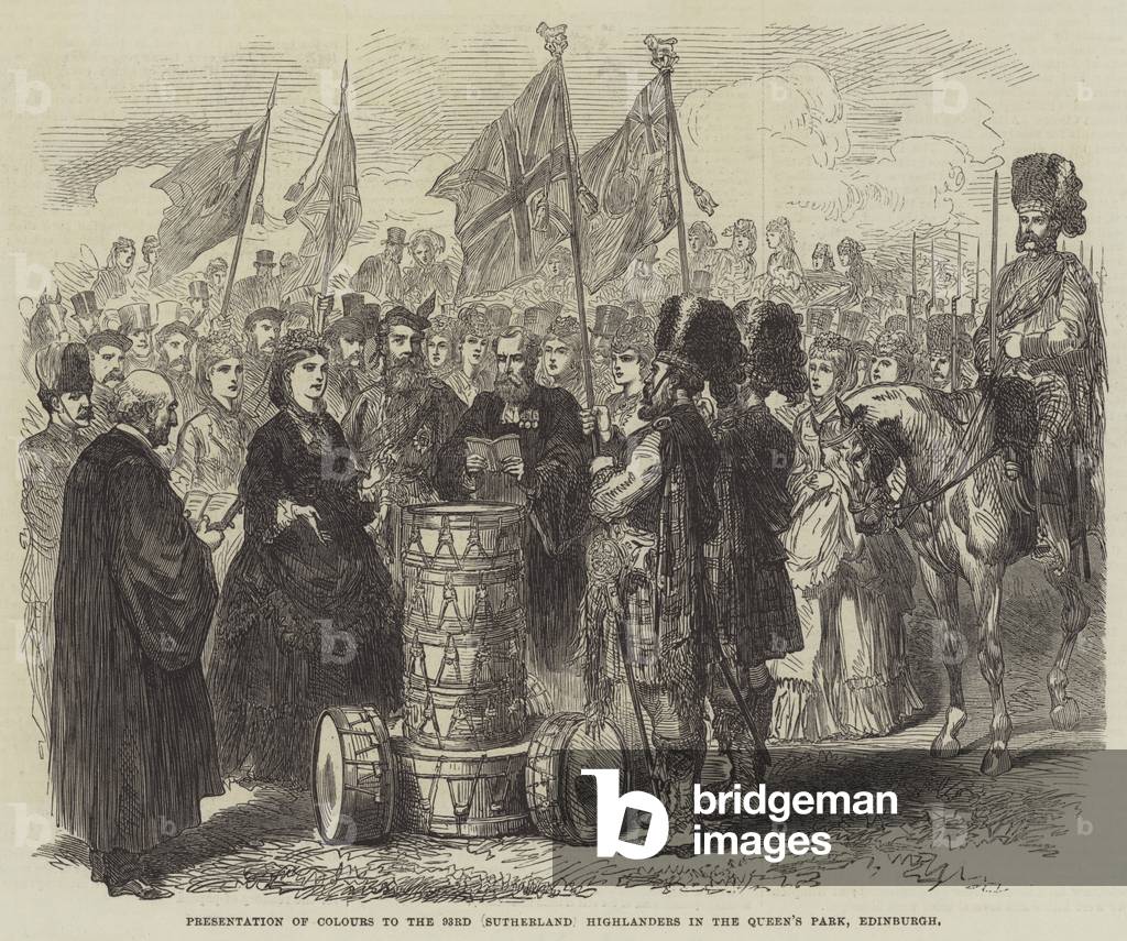 Presentation of Colours to the 93rd (Sutherland) Highlanders in the Queen's Park, Edinburgh (engraving)