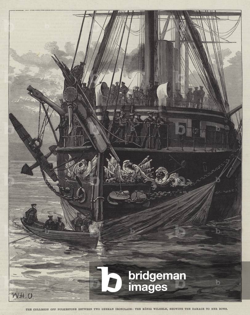 The Collision off Folkestone between Two German Ironclads, the Konig Wilhelm, showing the Damage to her Bows (engraving)