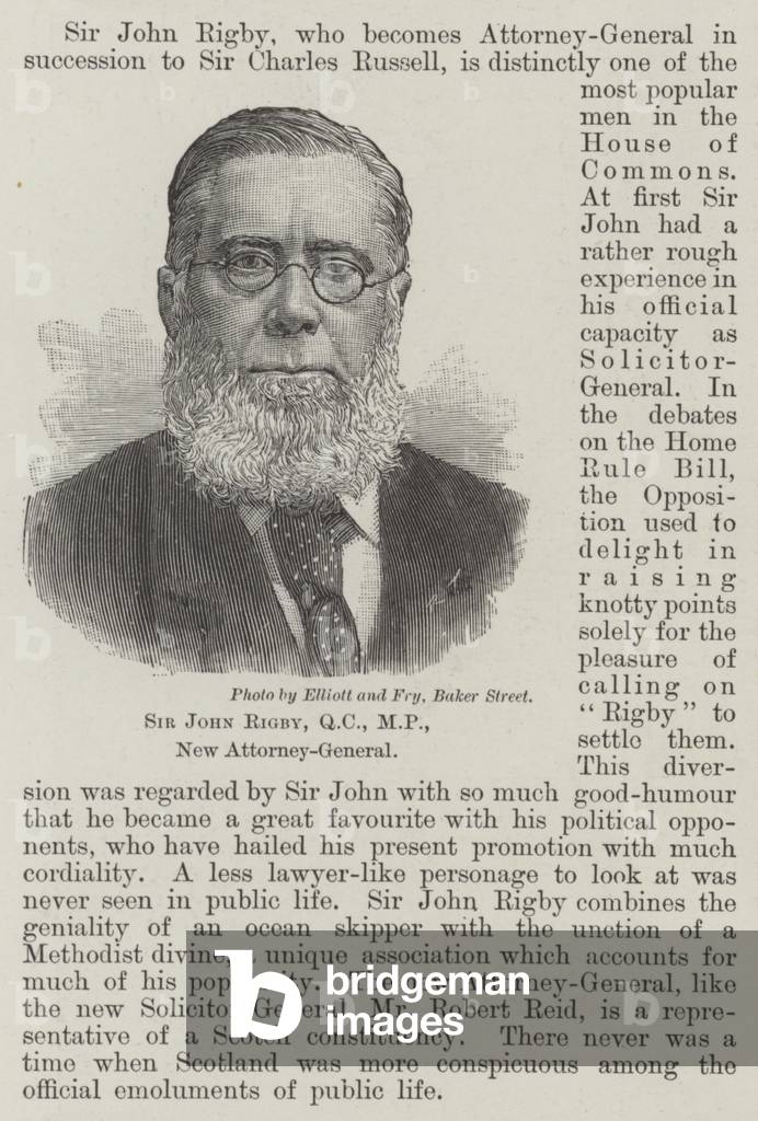 Sir John Rigby, QC, MP, New Attorney-General (engraving)