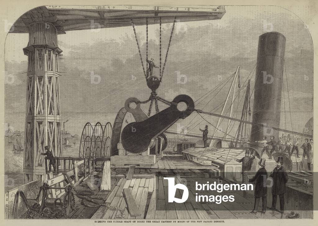Hoisting the Paddle Shaft on Board the Great Eastern by Means of the New Patent Derrick (engraving)