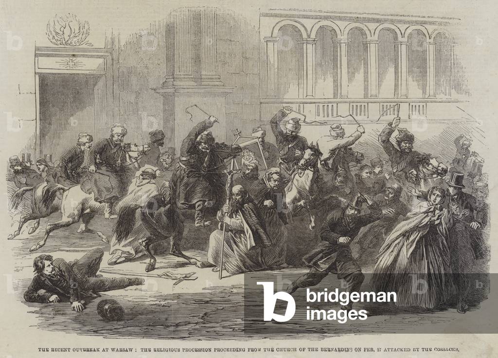 The Recent Outbreak at Warsaw, the Religious Procession proceeding from the Church of the Bernardins on 27 February attacked by the Cossacks (engraving)