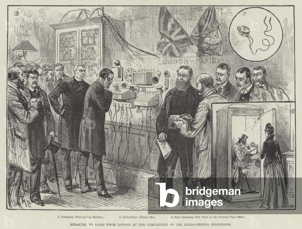 Speaking to Paris from London at the Completion of the Anglo-French Telephone (engraving)