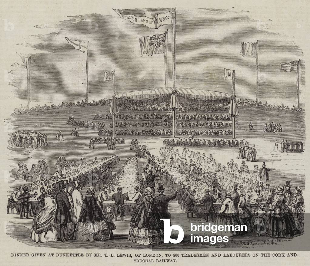 Dinner given at Dunkettle by Mr T L Lewis, of London, to 800 Tradesmen and Labourers on the Cork and Youghal Railway (engraving)