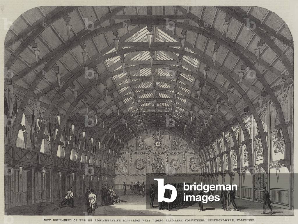 New Drill-Shed of the 1st Administrative Battalion West Riding Artillery Volunteers, Heckmondwyke, Yorkshire (engraving)