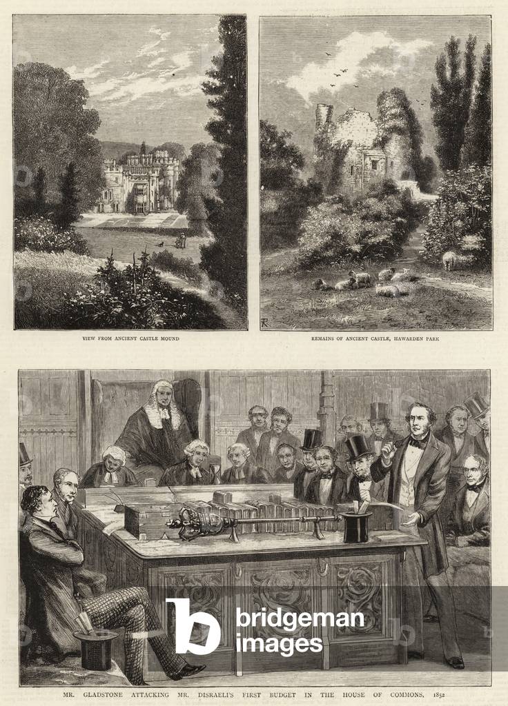 Mr Gladstone attacking Mr Disraeli's First Budget in the House of Commons, 1852 (engraving)