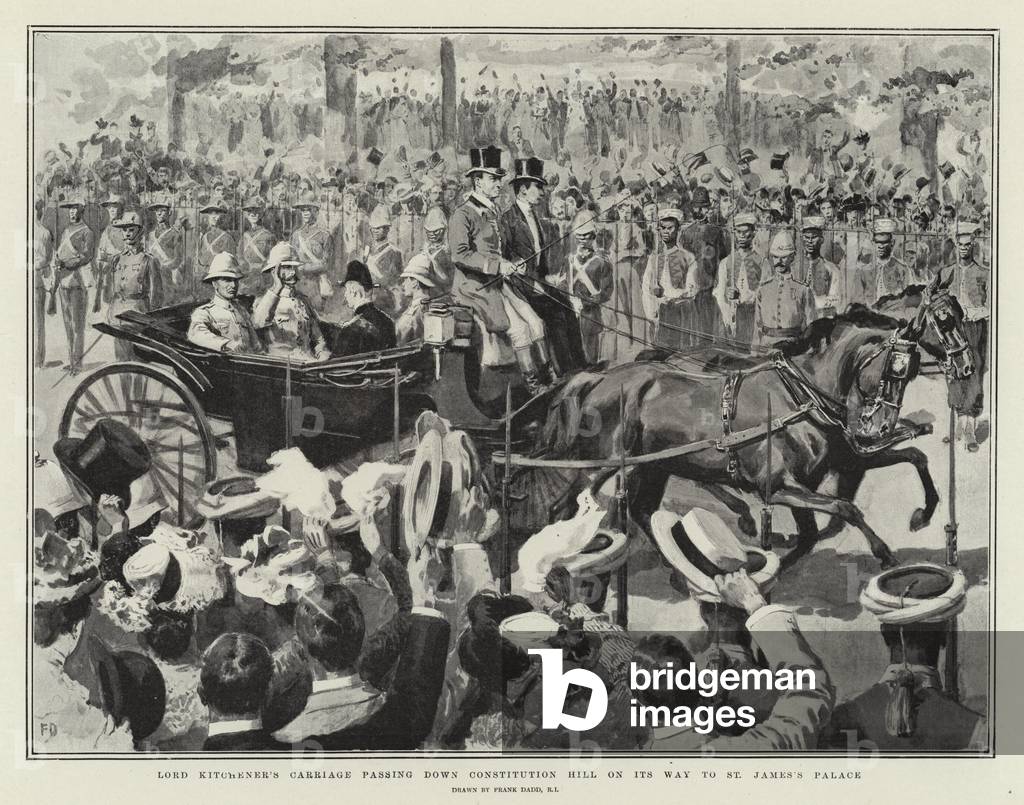 Lord Kitchener's Carriage passing down Constitution Hill on its Way to St James's Palace (litho)