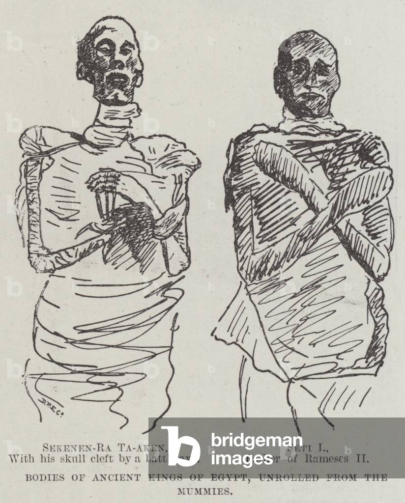 Bodies of Ancient King of Egypt, unrolled from the Mummies (engraving)