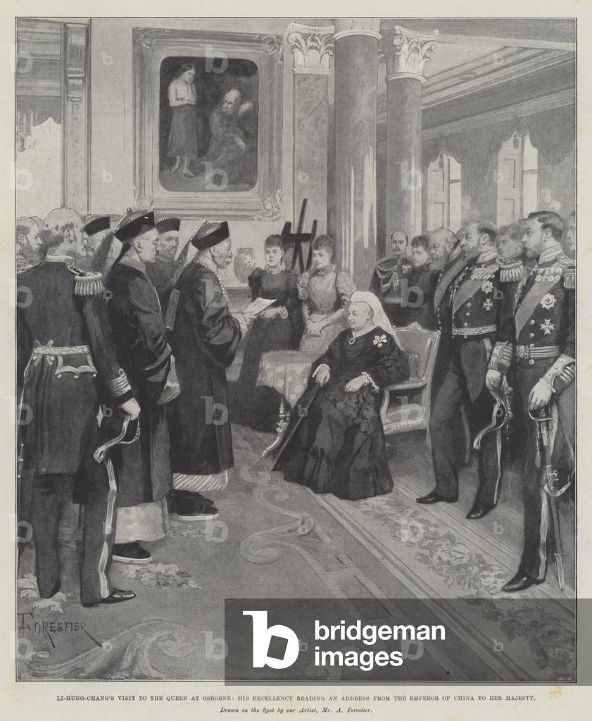 Li-Hung-Chang's Visit to the Queen at Osborne, His Excellency reading an Address from the Emperor of China to Her Majesty (engraving)